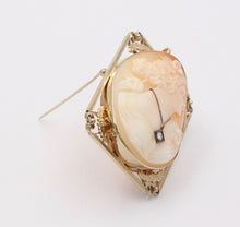 Load image into Gallery viewer, Edwardian Carved Portrait Cameo 14K Yellow Gold Diamond Brooch Pendant