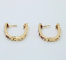 Load image into Gallery viewer, Vintage 14K Yellow Gold Ruby And Diamond Huggies Earrings