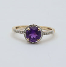 Load image into Gallery viewer, Vintage 14K Yellow Gold Amethyst Diamond Halo Ring