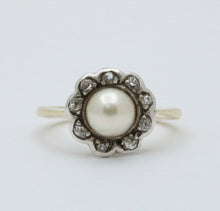 Load image into Gallery viewer, Victorian English Rose Cut Diamonds Pearl 18K Yellow White Gold Ring
