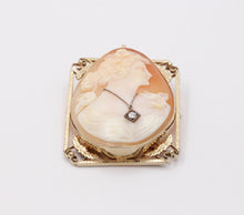 Load image into Gallery viewer, Edwardian Carved Portrait Cameo 14K Yellow Gold Diamond Brooch Pendant