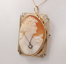 Load image into Gallery viewer, Edwardian Carved Portrait Cameo 14K Yellow Gold Diamond Brooch Pendant