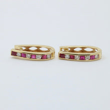Load image into Gallery viewer, Vintage 14K Yellow Gold Ruby And Diamond Huggies Earrings