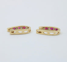 Load image into Gallery viewer, Vintage 14K Yellow Gold Ruby And Diamond Huggies Earrings