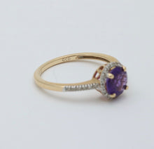 Load image into Gallery viewer, Vintage 14K Yellow Gold Amethyst Diamond Halo Ring