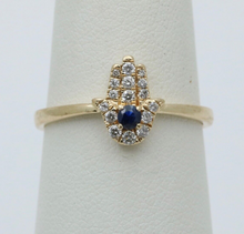 Load image into Gallery viewer, Vintage 10K Yellow Gold Diamond & Sapphire Hamsa Ring