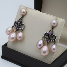 Load image into Gallery viewer, Bohemian Style Silver Pink Pearl Enamel Chandelier Earring