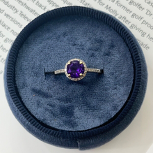 Load image into Gallery viewer, Vintage 14K Yellow Gold Amethyst Diamond Halo Ring