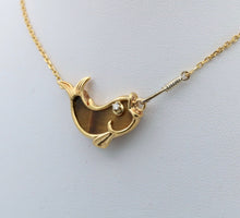Load image into Gallery viewer, Vintage 18K Yellow Gold Tiger Eye & Diamond Fish Pendant Necklace
