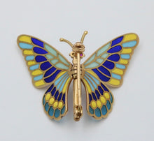 Load image into Gallery viewer, Vintage 18K Yellow Gold Plique A Jour Enamel Butterfly Brooch
