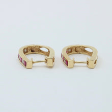 Load image into Gallery viewer, Vintage 14K Yellow Gold Ruby And Diamond Huggies Earrings