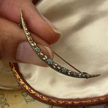Load image into Gallery viewer, Antique Art Nouveau Krementz Crescent Enamel Forget Me Not Brooch