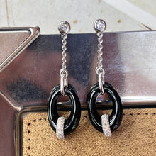 Load image into Gallery viewer, Vintage 14K White Gold Onyx Diamond Dangling Earrings