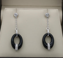 Load image into Gallery viewer, Vintage 14K White Gold Onyx Diamond Dangling Earrings