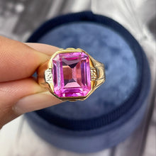 Load image into Gallery viewer, Vintage 14K Yellow Gold Vivid Pink Emerald Cut Bezel Set Ring