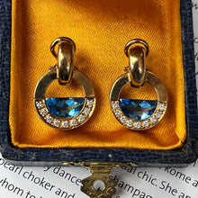 Load image into Gallery viewer, Vintage Movado 1980’s Style Rudius 18K Yellow Gold Blue Topaz & Diamond Earrings.