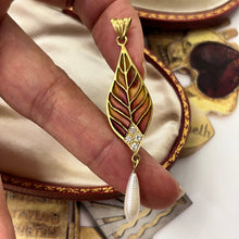 Load image into Gallery viewer, Vintage 18K Yellow Gold Plique A Jour Pearl Diamond Leaf Pendant
