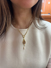 Load image into Gallery viewer, Vintage 18K Yellow Gold Plique A Jour Pearl Diamond Leaf Pendant