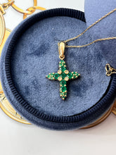 Load image into Gallery viewer, Vintage 14K yellow Gold Emerald Cross Pendant Necklace