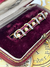 Load image into Gallery viewer, Vintage French 18K Yellow Gold & Platinum Ruby, Diamond and Pearl Bar Pin