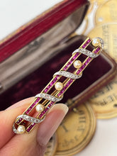 Load image into Gallery viewer, Vintage French 18K Yellow Gold & Platinum Ruby, Diamond and Pearl Bar Pin