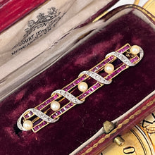 Load image into Gallery viewer, Vintage French 18K Yellow Gold & Platinum Ruby, Diamond and Pearl Bar Pin