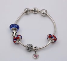 Load image into Gallery viewer, Pandora Sterling Silver Patriotic Murano Bead Heart Charm Bracelet.