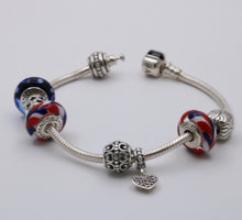 Load image into Gallery viewer, Pandora Sterling Silver Patriotic Murano Bead Heart Charm Bracelet.