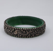 Load image into Gallery viewer, Vintage Sterling Silver Jade Fish, Butterfly and Chinese Peach Bangle