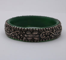Load image into Gallery viewer, Vintage Sterling Silver Jade Fish, Butterfly and Chinese Peach Bangle