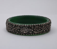 Load image into Gallery viewer, Vintage Sterling Silver Jade Fish, Butterfly and Chinese Peach Bangle