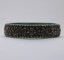 Load image into Gallery viewer, Vintage Sterling Silver Jade Fish, Butterfly and Chinese Peach Bangle