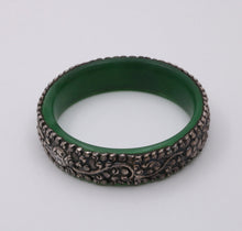 Load image into Gallery viewer, Vintage Sterling Silver Jade Fish, Butterfly and Chinese Peach Bangle