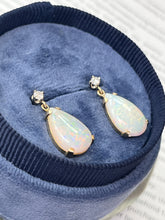 Load image into Gallery viewer, Vintage 14K Yellow Gold Teardrop Ethiopian Opal & Diamond  Dangling Earrings