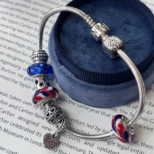 Load image into Gallery viewer, Pandora Sterling Silver Patriotic Murano Bead Heart Charm Bracelet.