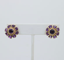 Load image into Gallery viewer, Vintage 14K Yellow Gold Siberian Amethyst Flower Studs