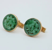 Load image into Gallery viewer, Vintage 14K Yellow Gold Carved Flower Jade Cuffliks