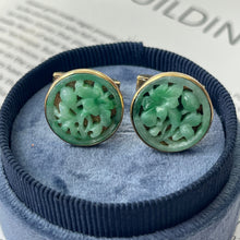 Load image into Gallery viewer, Vintage 14K Yellow Gold Carved Flower Jade Cuffliks
