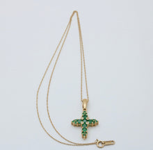 Load image into Gallery viewer, Vintage 14K yellow Gold Emerald Cross Pendant Necklace