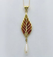 Load image into Gallery viewer, Vintage 18K Yellow Gold Plique A Jour Pearl Diamond Leaf Pendant