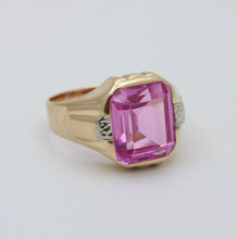 Load image into Gallery viewer, Vintage 14K Yellow Gold Vivid Pink Emerald Cut Bezel Set Ring