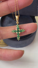 Load and play video in Gallery viewer, Vintage 14K yellow Gold Emerald Cross Pendant Necklace