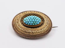 Load image into Gallery viewer, Victorian Etruscan Revival Turquoise 10K Yellow Gold Brooch Pendant Momento