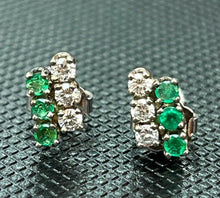 Load image into Gallery viewer, Vintage 14K White Gold Diamond & Emerald Cluster Studs Earrings, Push Back Earri