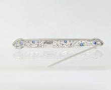 Load image into Gallery viewer, Vintage 18K White Gold Diamond Sapphire Bar Pin