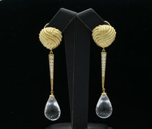 Load image into Gallery viewer, Vintage 18K Yellow Gold Diamond Rock Crystal Tear Drop Clip Earrings