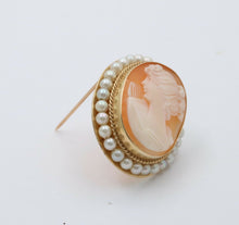Load image into Gallery viewer, Vintage Carved Shell Cameo Pearls 14K Yellow Gold Brooch Pendant