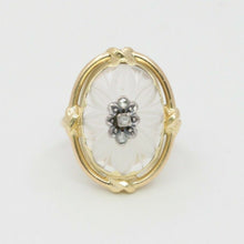 Load image into Gallery viewer, Vintage 14K Yellow Gold Floral Diamond Carved Rock Crystal Ring