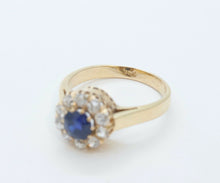 Load image into Gallery viewer, Beautiful Victorian Blue Sapphire Old Miner Cut Diamonds 18K Yellow Gold Ring