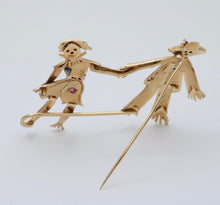 Load image into Gallery viewer, Vintage Raggedy Ann and Andy Diamonds Sapphires Emeralds 14K YG Brooch Pin